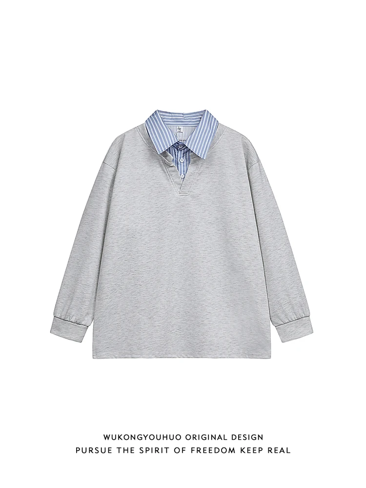 

Ретро-толстовка с эффектом двухслойности для мужчин, свободная повседневная толстовка-худи, осенняя модная брендовая модель для пар, с полосатым узором