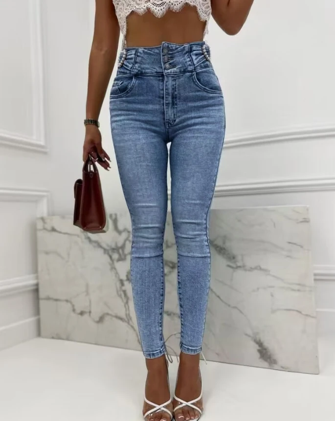 Women Pant Woman Jeans Denim Pants Pearls Decor Buttoned High Waist Skinny Jeans Blue Jeans Vintage Quality Fashion Pant