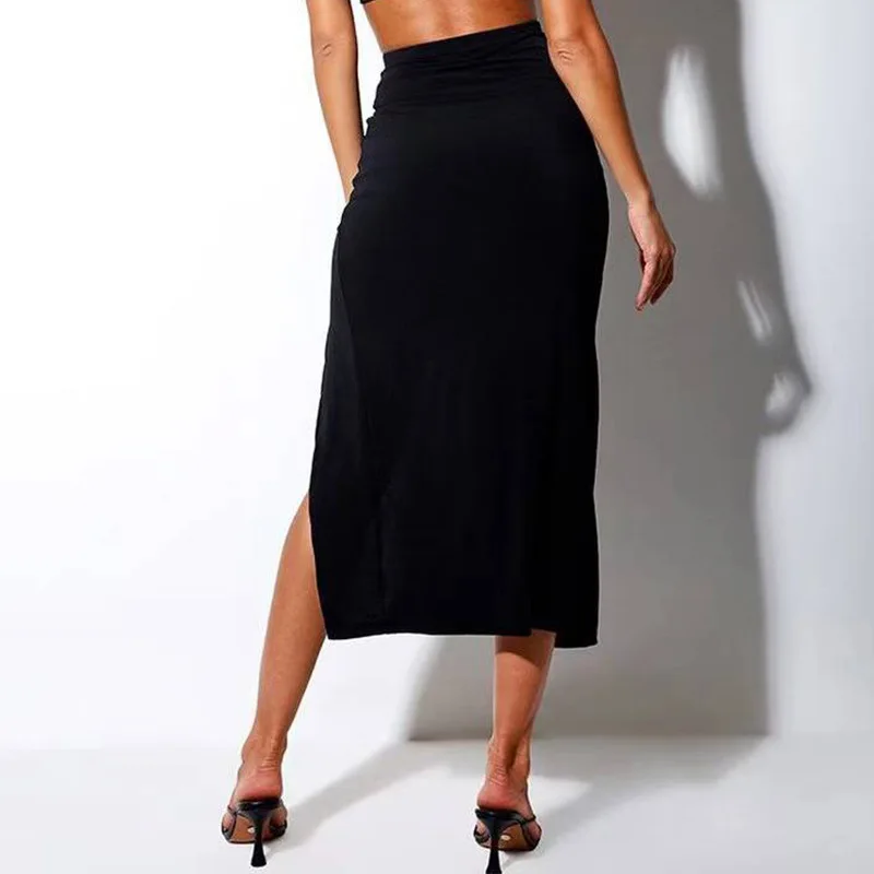 Women Sexy Slim Slit Irregular Skirt Elastic High Waist Pleated A-Line Skirt Summer American Retro Solid Long Shirring Skirts