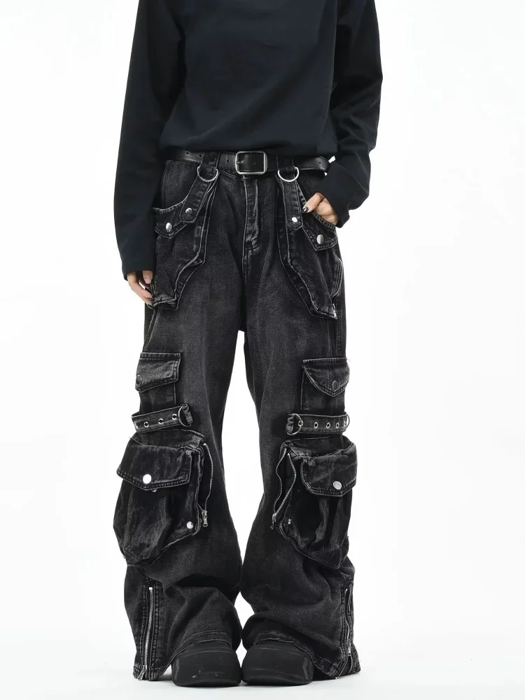 Y2K Streetwear Washed Black Baggy Women's Cargo Jeans Pants For Woman Clothing Wide Leg New Rock Punk Long Trousers