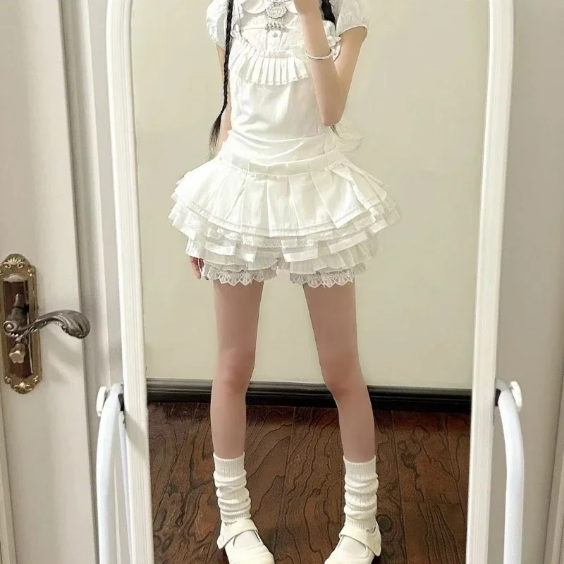 Japanese Style Kawaii Lolita Short Pants Women Sweet Ruffles Lace Patchwork Bow Leggings Girls Cute Elastic Waist JK Pantaloons