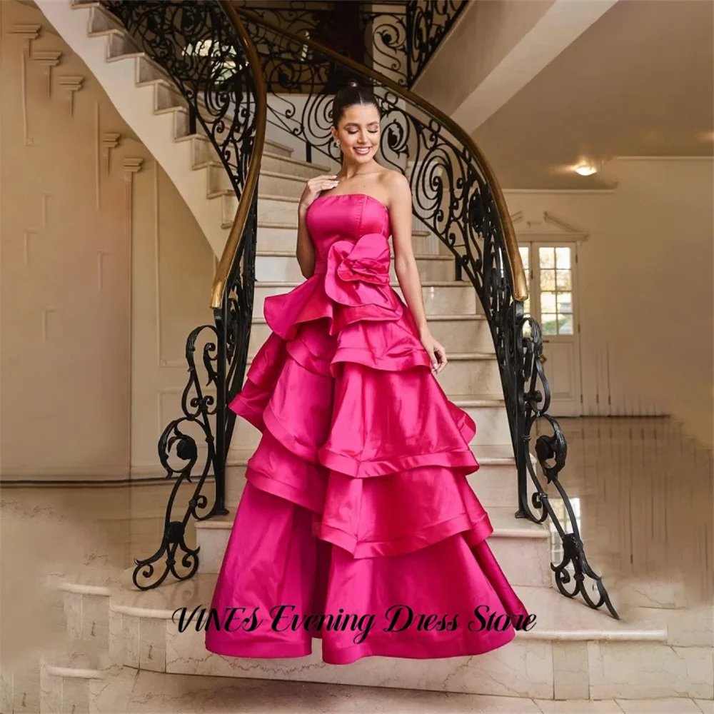 

VINES Hot Pink Party Dress Strapless فساتين السهرة Ruffled Layers Night Dress Big Flower Dress for Woman Customized