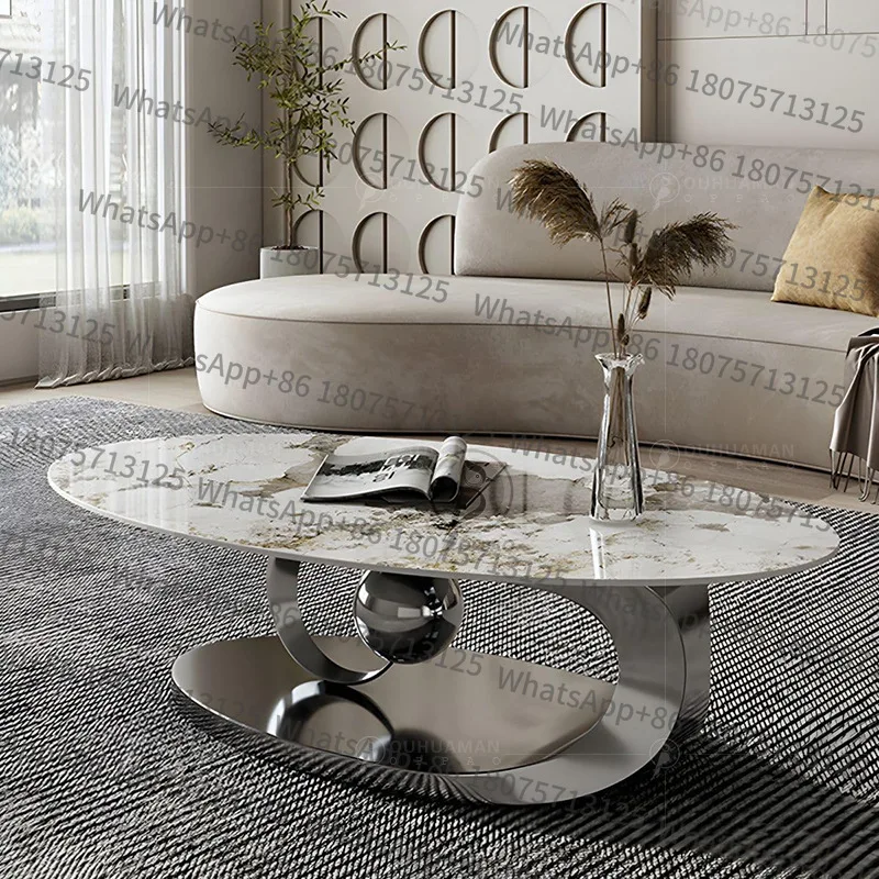 Light luxury stainless steel coffee table Modern leisure living room Home rock slab tea table Oval