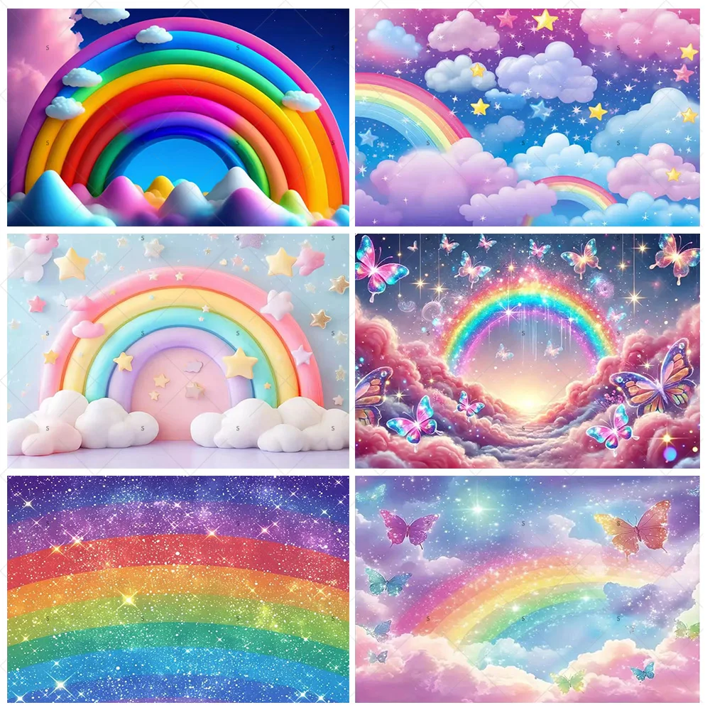 

Rainbow Cloud Backdrop Girl Birthday Party Decor Colorful Background Gold Glitter Star Baby Shower Supplies Photography‌ Props