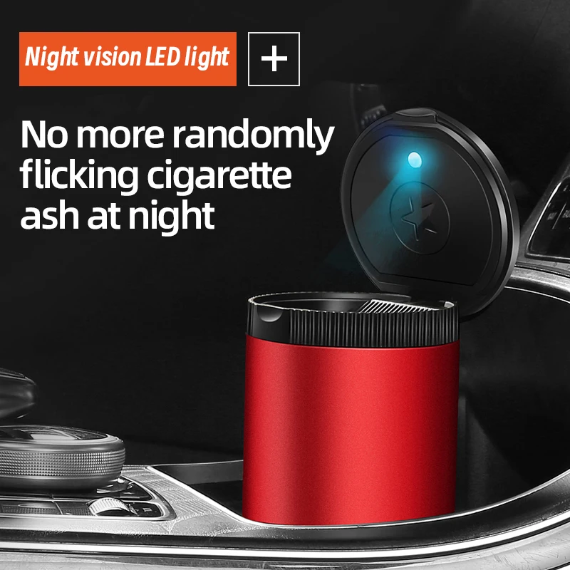 Metal Car Ashtray With Lid LED Light Portable Alloy Stainless Steel Inner Liner High Flame Retardant For Cigars And Cigarettes