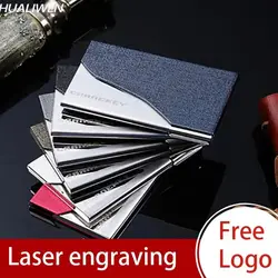 Laser Engraved LOGO Luxury PU Leather Men's Business Card Holder Stainless Steel Aluminum Metal Box Lid Credit Card Holder