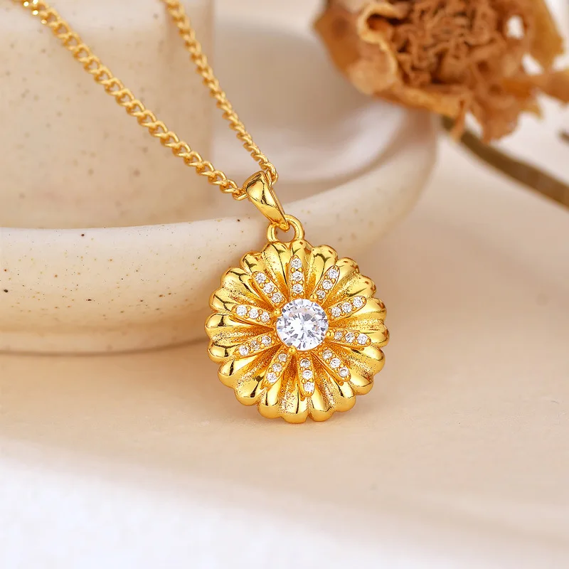 Luxury 24K 9999 Pure Gold real gold Women's Sunflower Pendant Necklace Clavicle Chain