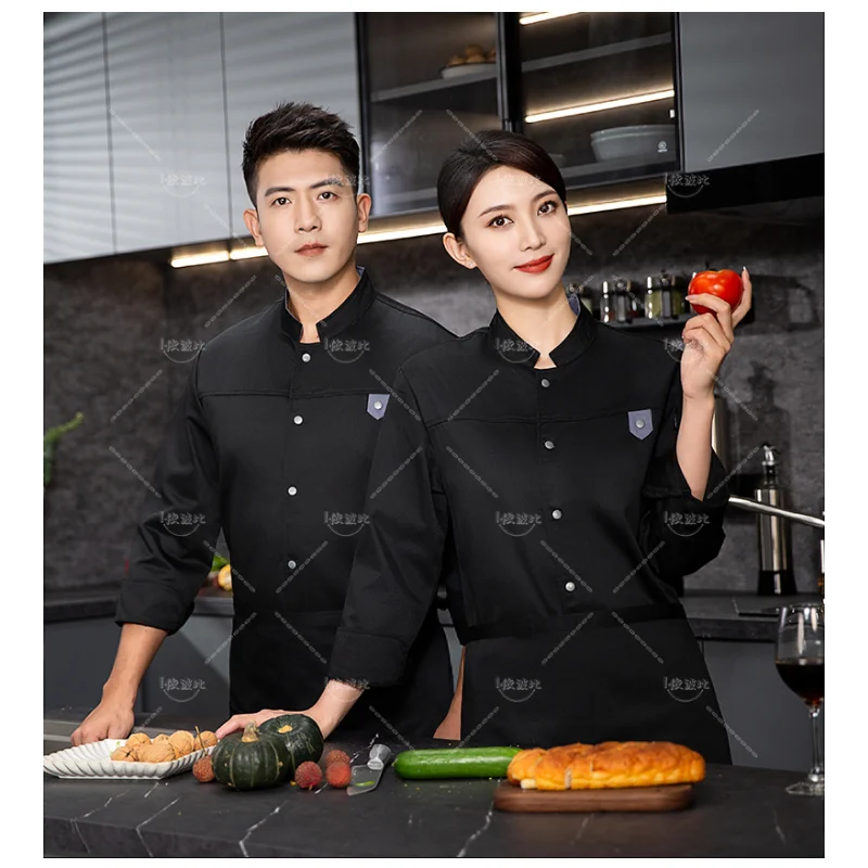 Hotel chef jacket with apron Long Sleeve Men Chef uniform Restaurant Cook Coat Chef T-shirt Work  Uniform Waiter Clothes Logo