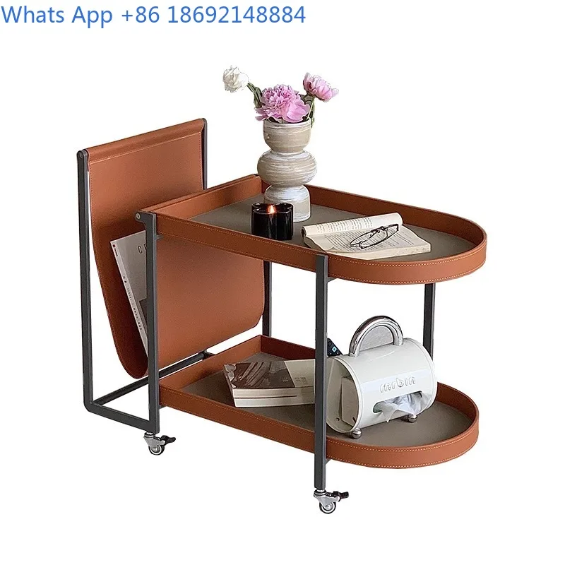 Minimalist Saddle Leather Mobile Dining Cart for Living Room Balcony Coffee Side Table Modern Small Corner Trolley