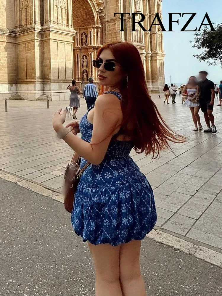 TRAFZA Summer Fashion Woman Dresses Blue Sleeveless Backless Hollow Out Embroidery Zipper Female Beach Style Mini Dress TRAF