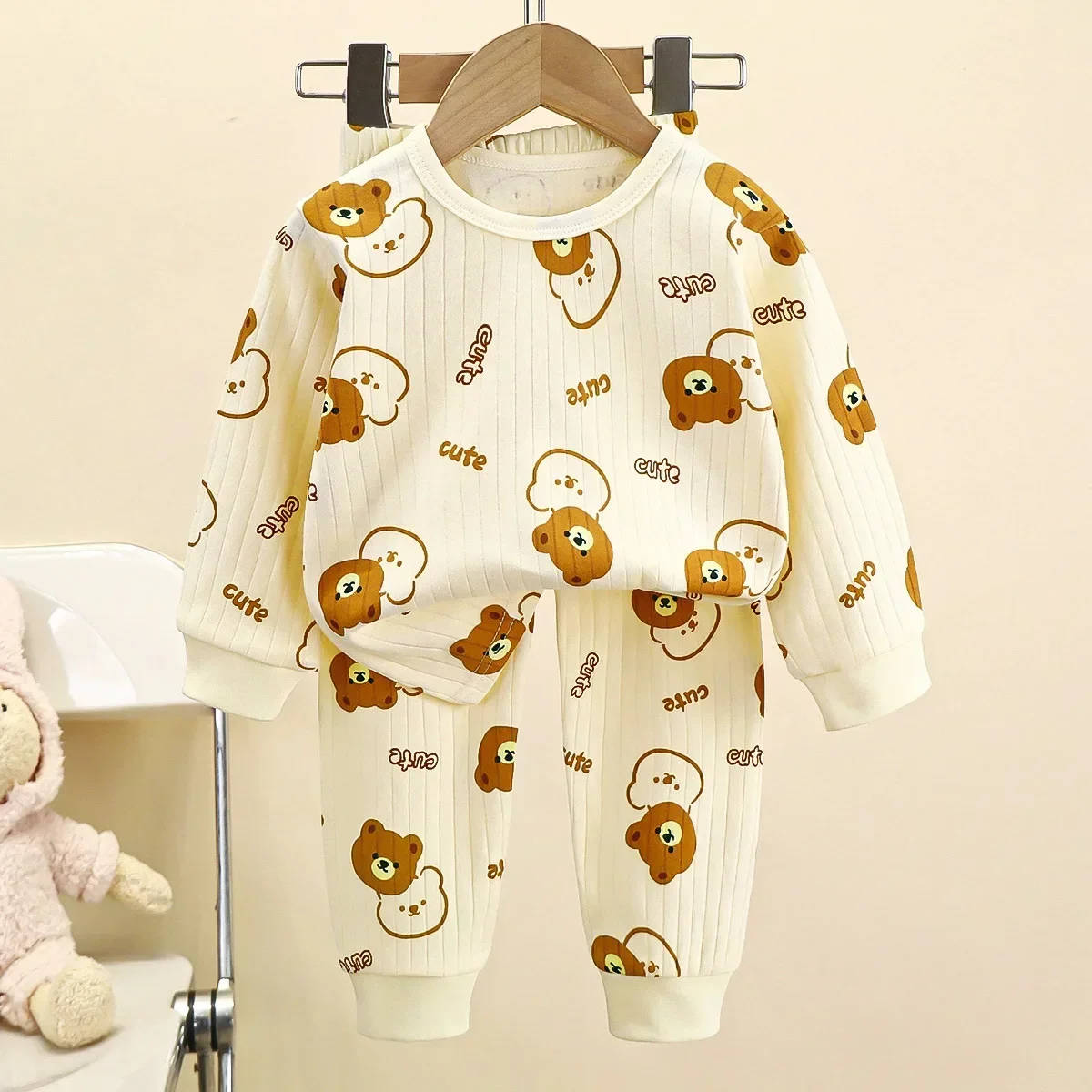 Kids Boys Girls Pure Cotton Warm Pajamas Cute Cartoon Long Sleeve T-Shirt + Pants Toddler Baby Autumn Underwear Clothing Sets