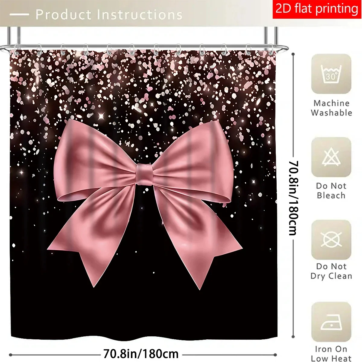 4pcs Black and Pink Large Bow Pattern Printed Shower Curtain Set, Wet & Dry Bathroom 4-Piece Set, Home Decor Shower Curtain with