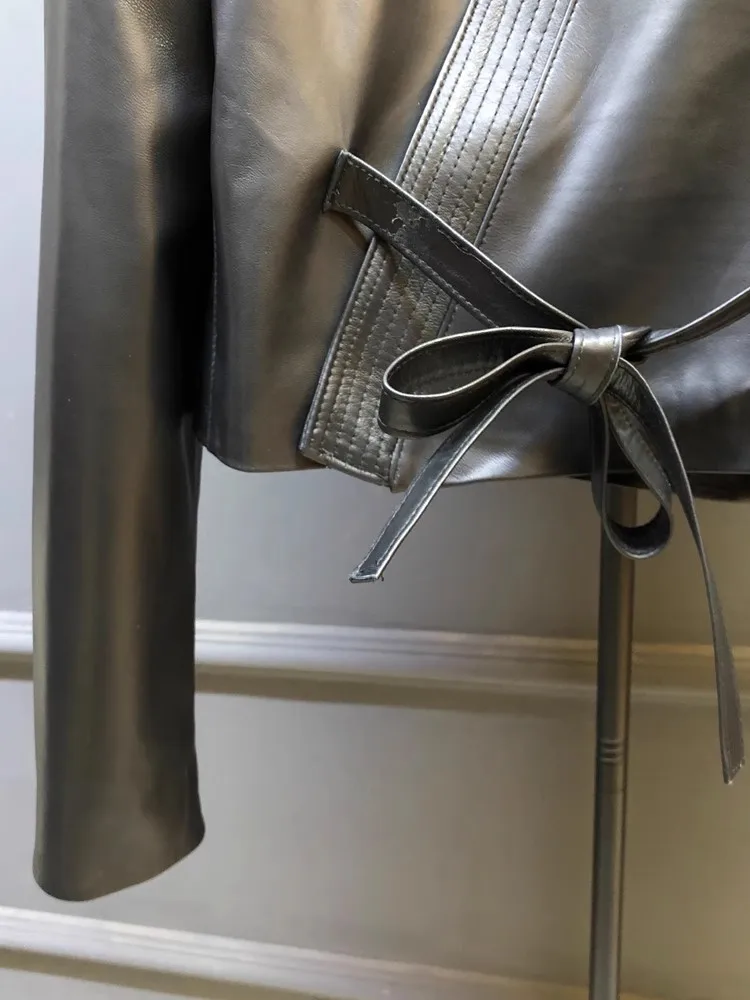 Vintage Designer Women Lace Up V Neck Sheepskin Genuine Leather Jacket Short Style Adjustable Waist Loose Fit Coat Retro Jacket