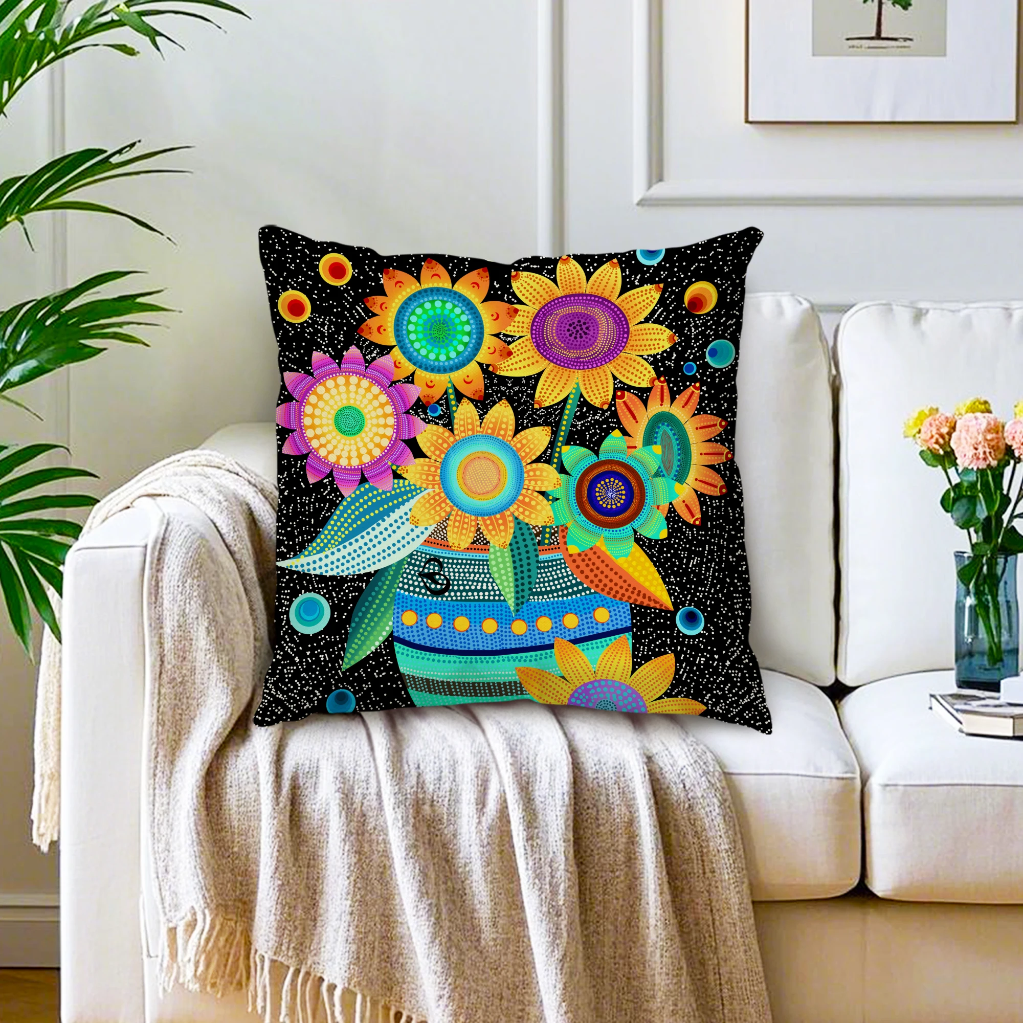 Colorful Dot Art Sunflower Linen Cushion Cover Dopamine Decorative Pillowcase Summer Floral Modern Decor Living Room Sofa Patio