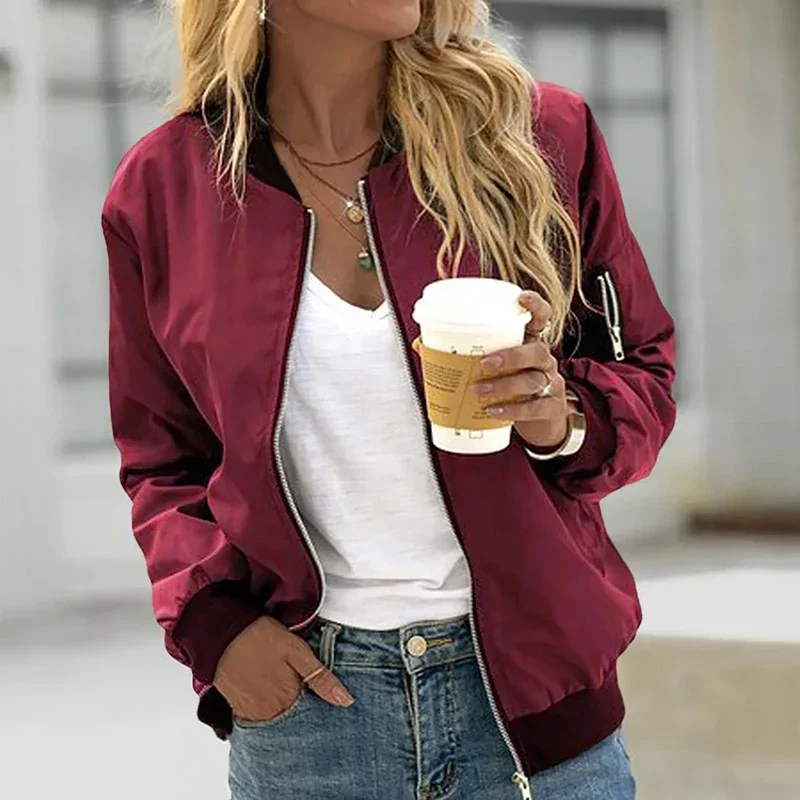 

Vintage Long Sleeve Cool Girl Bomber Jacket Autumn Solid Color O-neck Zipper Women's Jackets Daily Black Casual Ladies Clothing