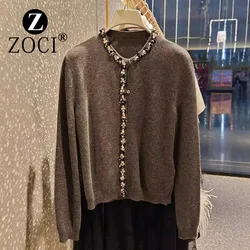 [ZOCI] Early Autumn New MIU Style Diamond Set Grey Long Sleeve Knitted Shirt Thin Design Sweater Coat Sweet Top