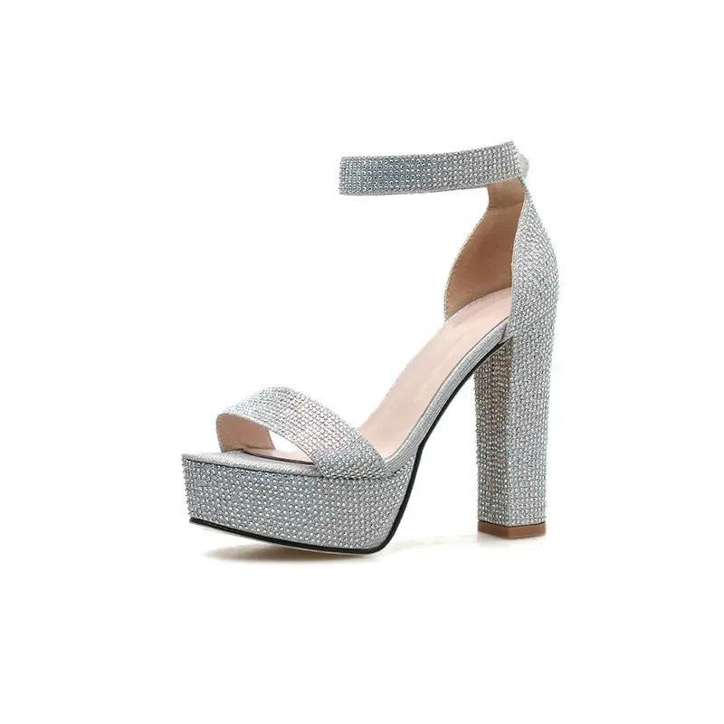 New Summer Women High Heel Wedding Party Sandals Open Toe Ankle Strap Chunky Heel Sequins Platform Sandals Silvery Diamond Shoes