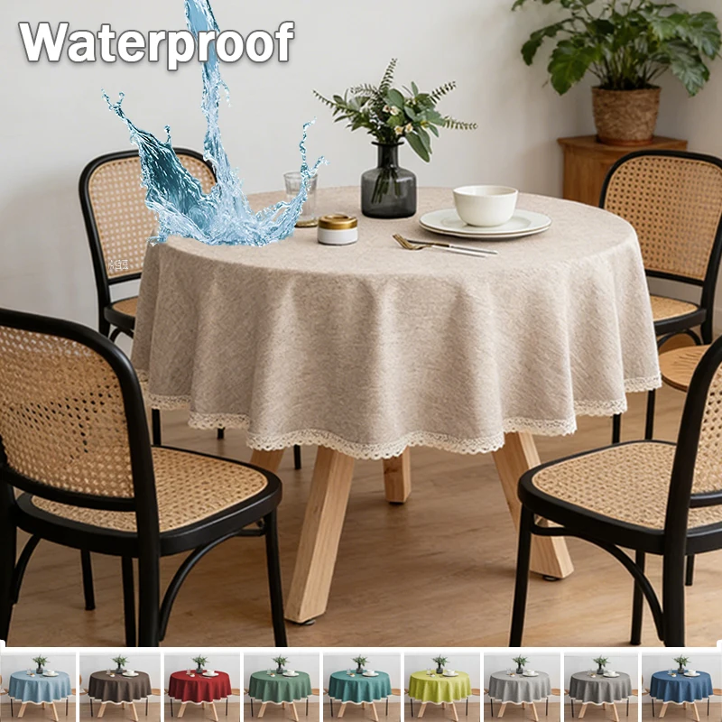 

Waterproof Round Tablecloth Burgundy Cotton Linen Fabric Cover with Scalloped Lace for Party Wedding Banquet Kitchen Decor