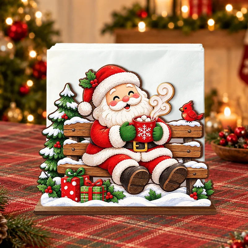 Christmas Wooden Napkin Holder, Santa Claus Sitting on Bench with Hot Cocoa and Cardinal Bird Pattern Table