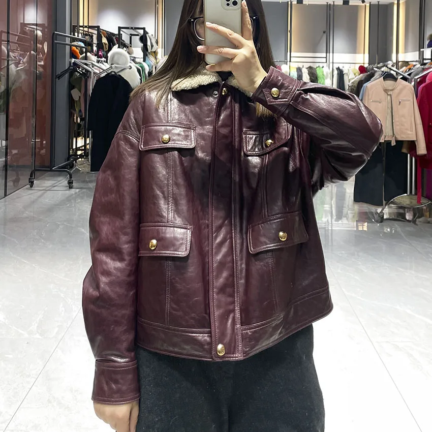 JANEFUR Women's Winter Coat Wine-Red Genuine Leather Down Jacket With Lambswool Collar Real Leather JFB8-25003