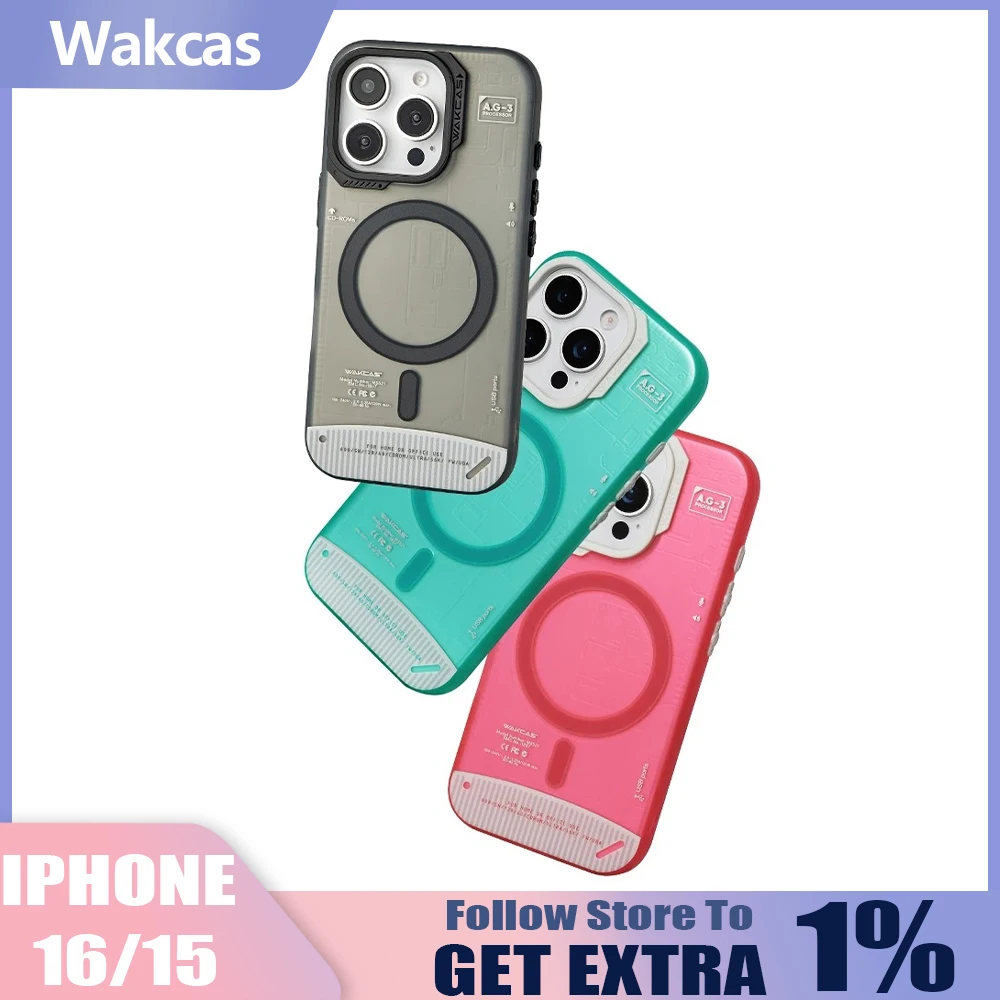 حافظة هاتف ميكانيكية ملونة من Wakcas، غطاء حماية مغناطيسي غير لامع مناسب لهاتف IPhone 16/15 Pro Max