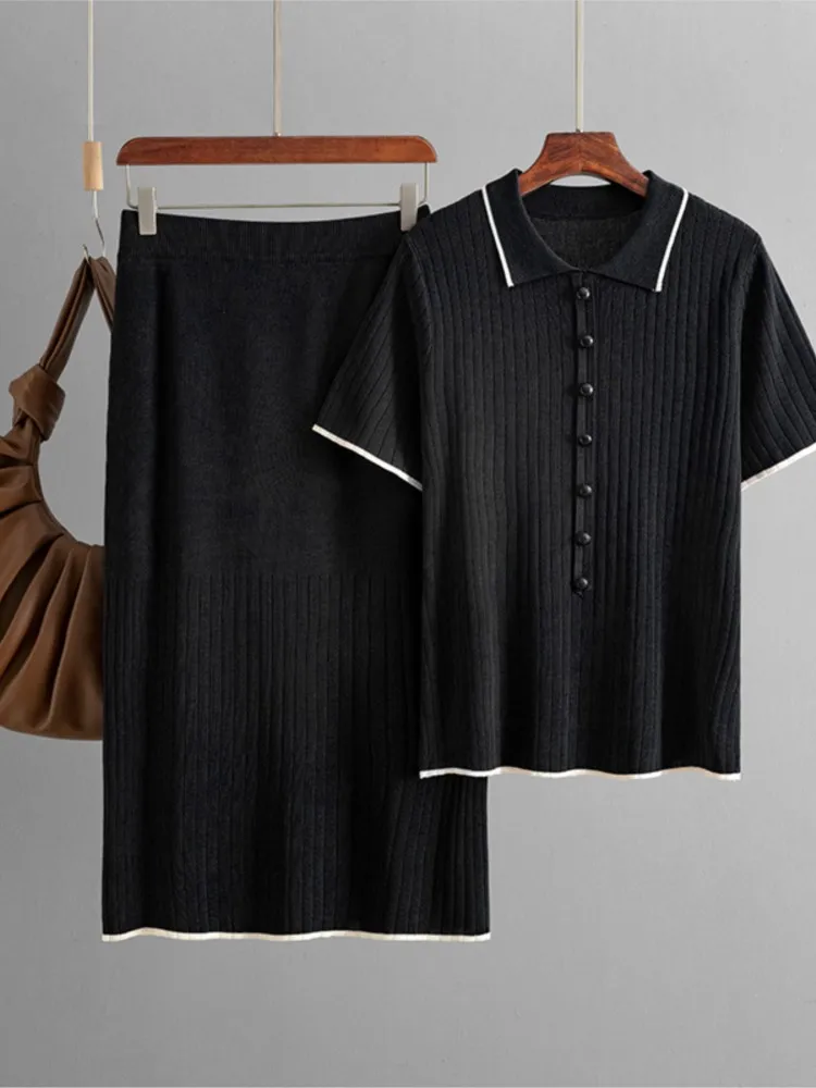 Casual Solid Polo Top Set per le donne Moda T-shirt a maniche corte + Gonne lunghe Set da 2 pezzi Lady 0ffice Vacanza Abbigliamento donna