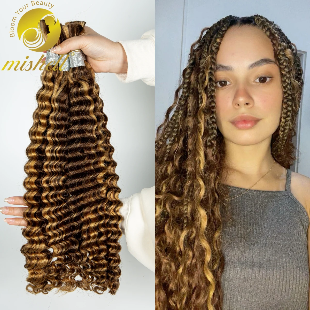 

Highlight Ombre 28inch Deep Wave Bulk Human Hair for Braiding Curly Human Hair No Weft for Boho Braids 10A Virgin Hair Extension