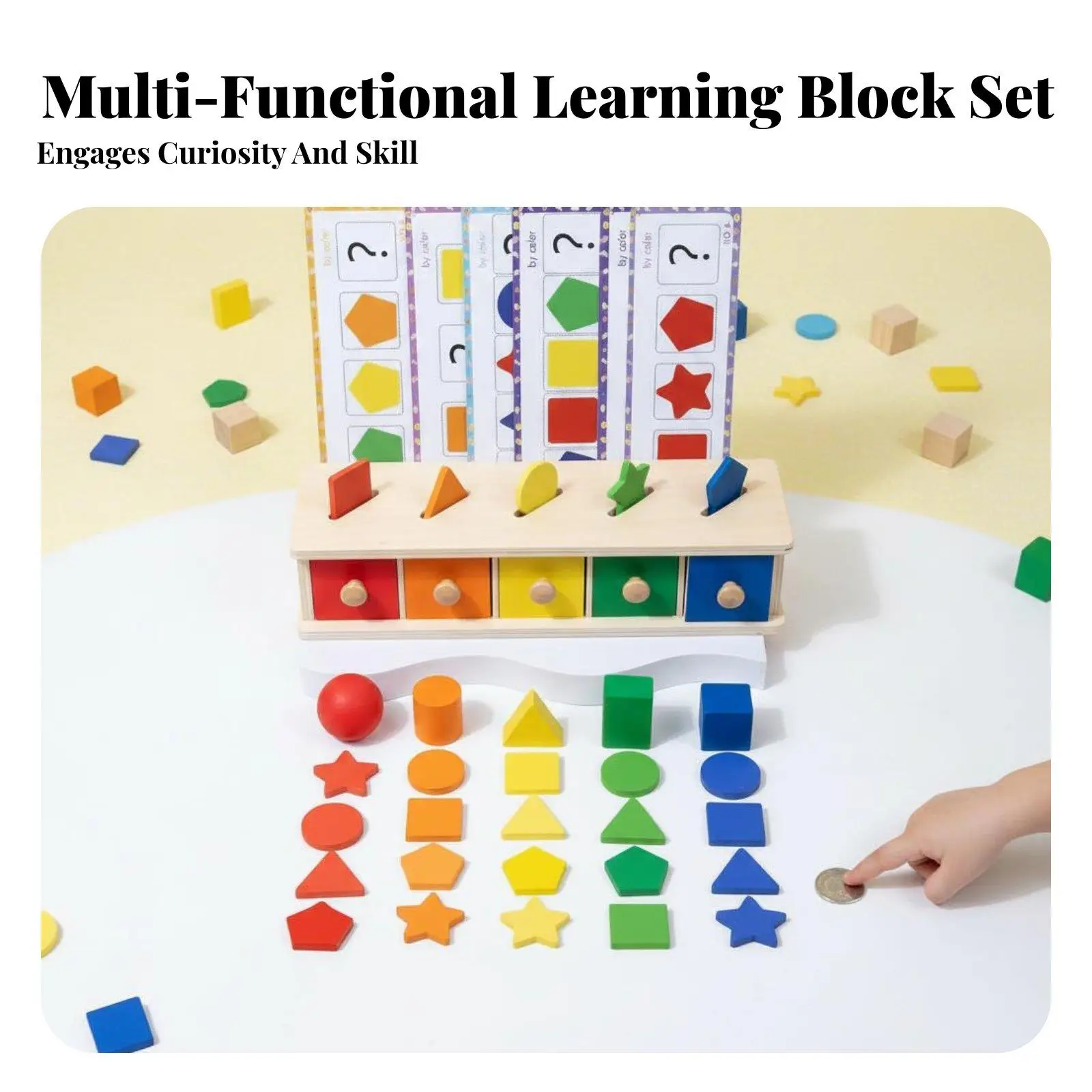 Educational Wooden Fabric Box with Shape Matching Top and Color Coded Drawers for Children Fine Motor Skills Preschool Learning