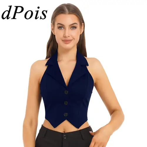 Chalecos de Mujer con cuello Halter, Tops cortos de oficina para Mujer, chaleco Formal elegante OL con cuello en V, trajes, chaleco, Ropa de Trabajo de negocios para Mujer