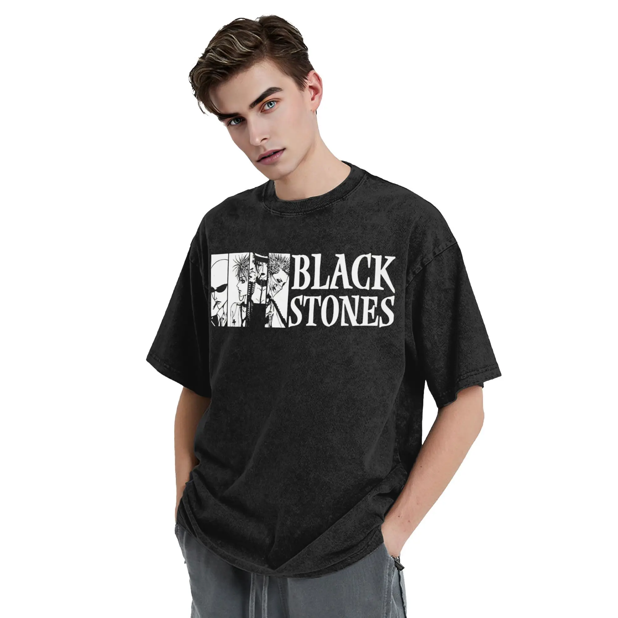 日本のマンガブラックストーンナナ Tシャツヒップホップウォッシュ半袖原宿 Tシャツヴィンテージ男性ストリート夏の Tシャツ