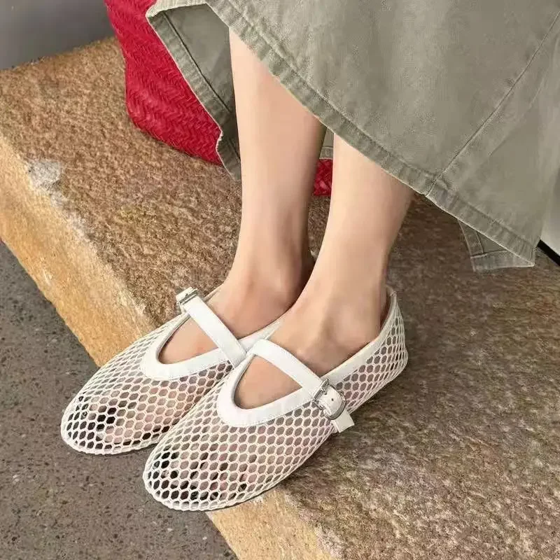 2024 Summer Women\'s Mesh Ballet Flat Shoes Women\'s Large Round Head Breathable and Comfortable Women\'s Sandals