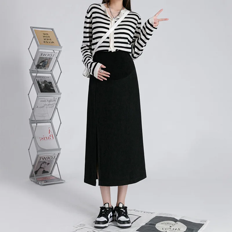 High Waist Split Maternity Midi Skirt A-Line Belly Support Long Skirt for Pregnant Women Casual Pregnancy Half Skirt