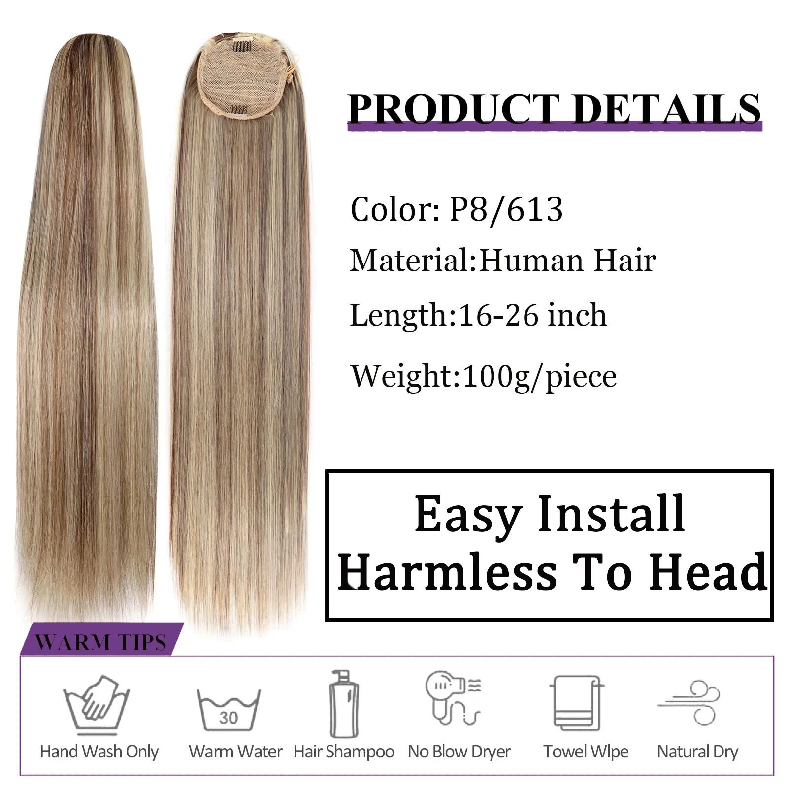 Drawstring Ponytail Extension Straight P8/613 Golden Brown Mix Blonde Clip In Ponytail Hair Extensions Hairpieces For Women Girl