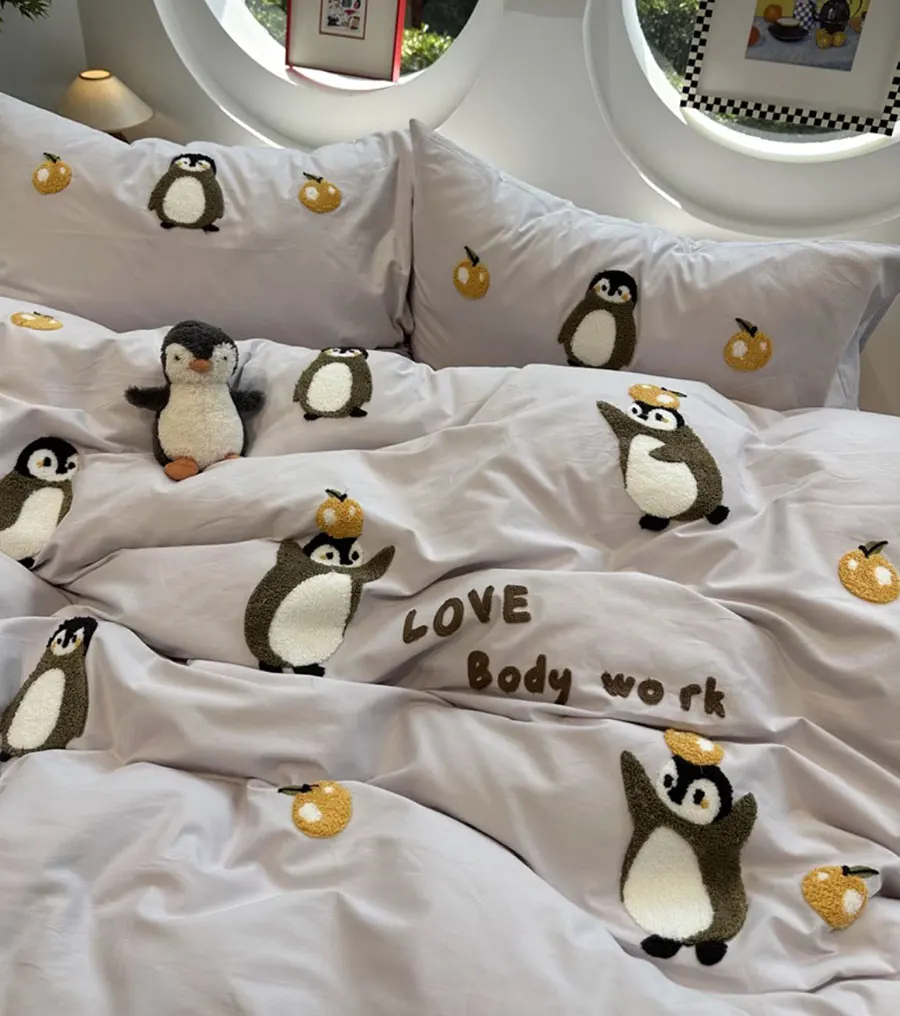 Fashion cute embroidery penguin bedding set double,full queen king lovely cotton home textile bed sheet pillow case quilt cover