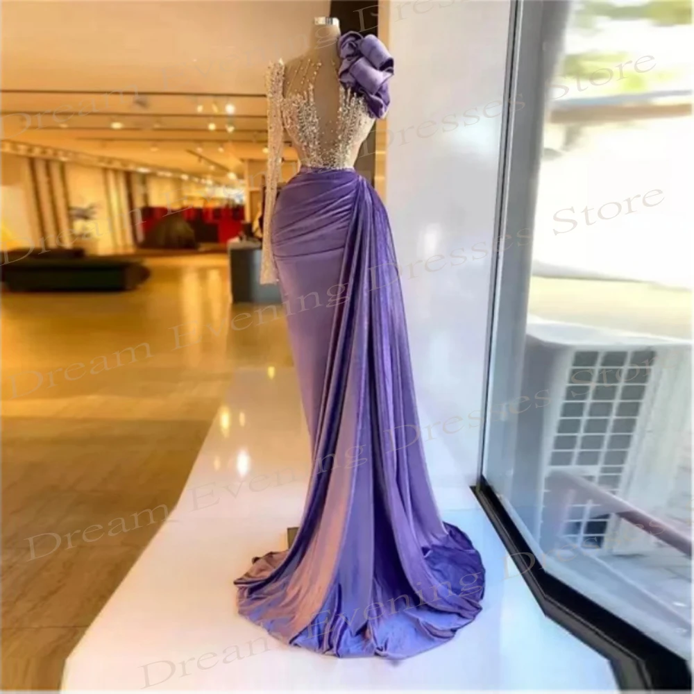 Graceful Purple Mermaid Exquisite Evening Dresses Generous Long Sleeve Sequined Crystal Prom Gowns Vestidos De Noche Elegantes