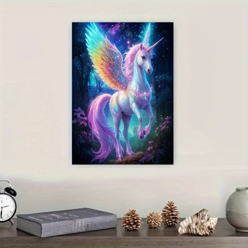 Puzzle fantaisie licorne 1000 pièces, forêt enchantée avec ailes lumineuses, fleurs et étoiles lumineuses, illustration sans bordure