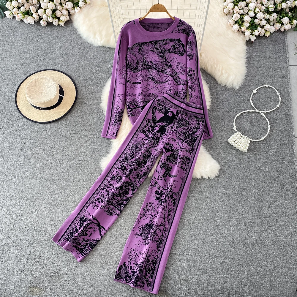 Women Knitted Animal Print 2 Pieces Sets Simple O Neck Long Sleeve Knitwear+Wide Leg Long Pants Casual Fashion Suits