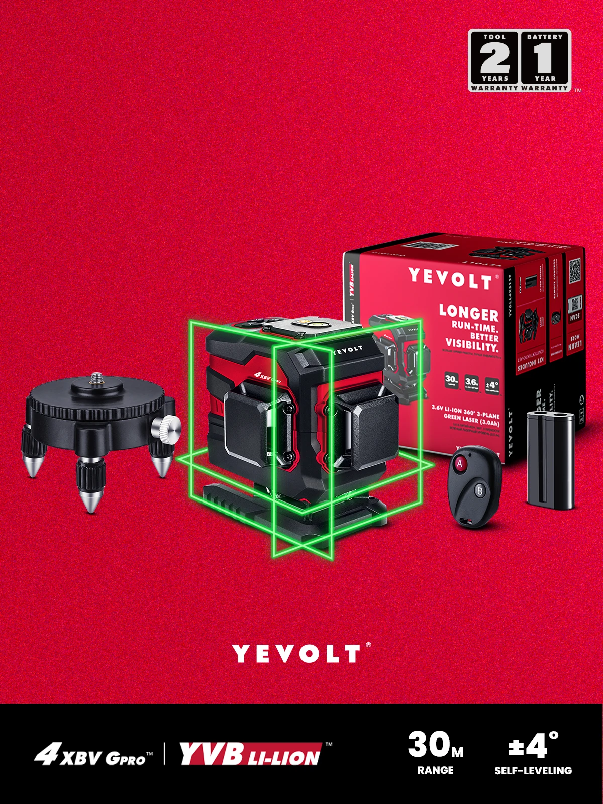 

YEVOLT YVGLL4XS12T-b 3-Plane Green Laser Level 3D 12-Line Ground Self-Leveling Horizontal & Vertical Tools Rotating Base Kit