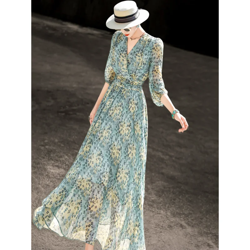 MEXCOCO 2026New Spring/Summer French Elegant Lantern SleevesVCollared, waist-cinching floral dress