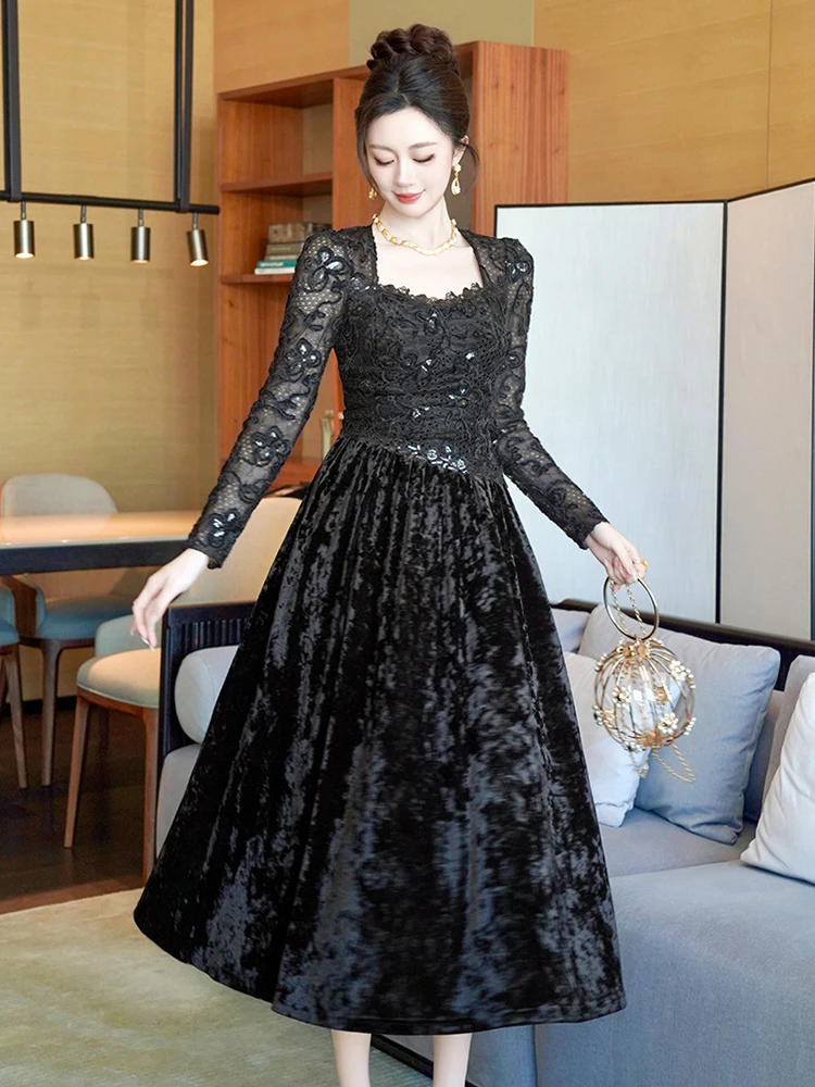 Feminino falso 2 peças retro veludo renda pura sexy gola quadrada magro a linha vestido de noite festa de formatura senhora roupas moda robe novo