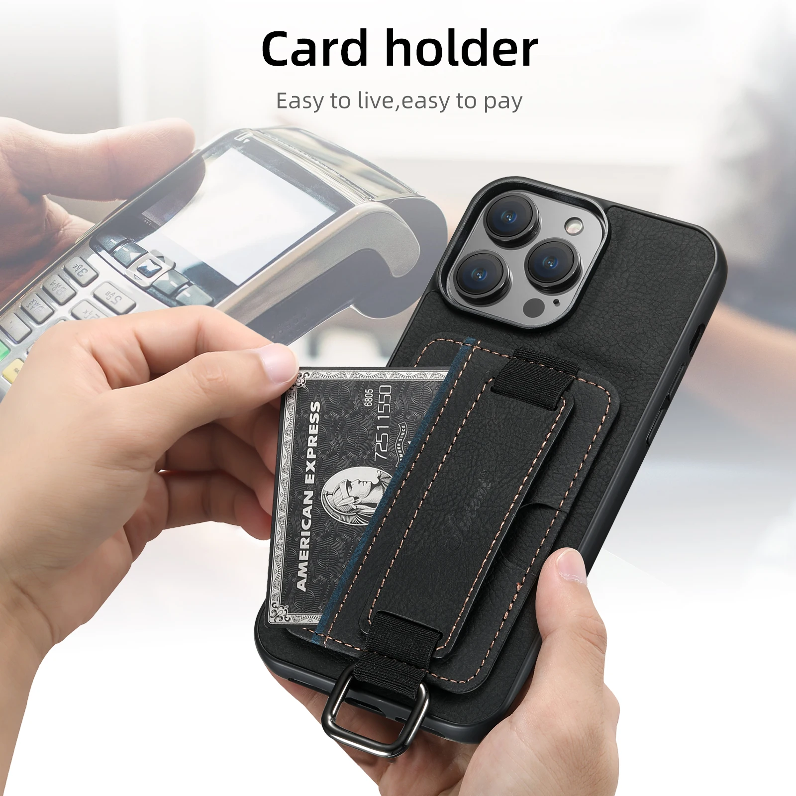 SUTENI Lychee-Haut-Print Handgelenkband Karten-Handyhülle Kartenhalter für iPhone 17 Pro Max 16 Plus 15 14 13 12 11 XR XS – Detail 14