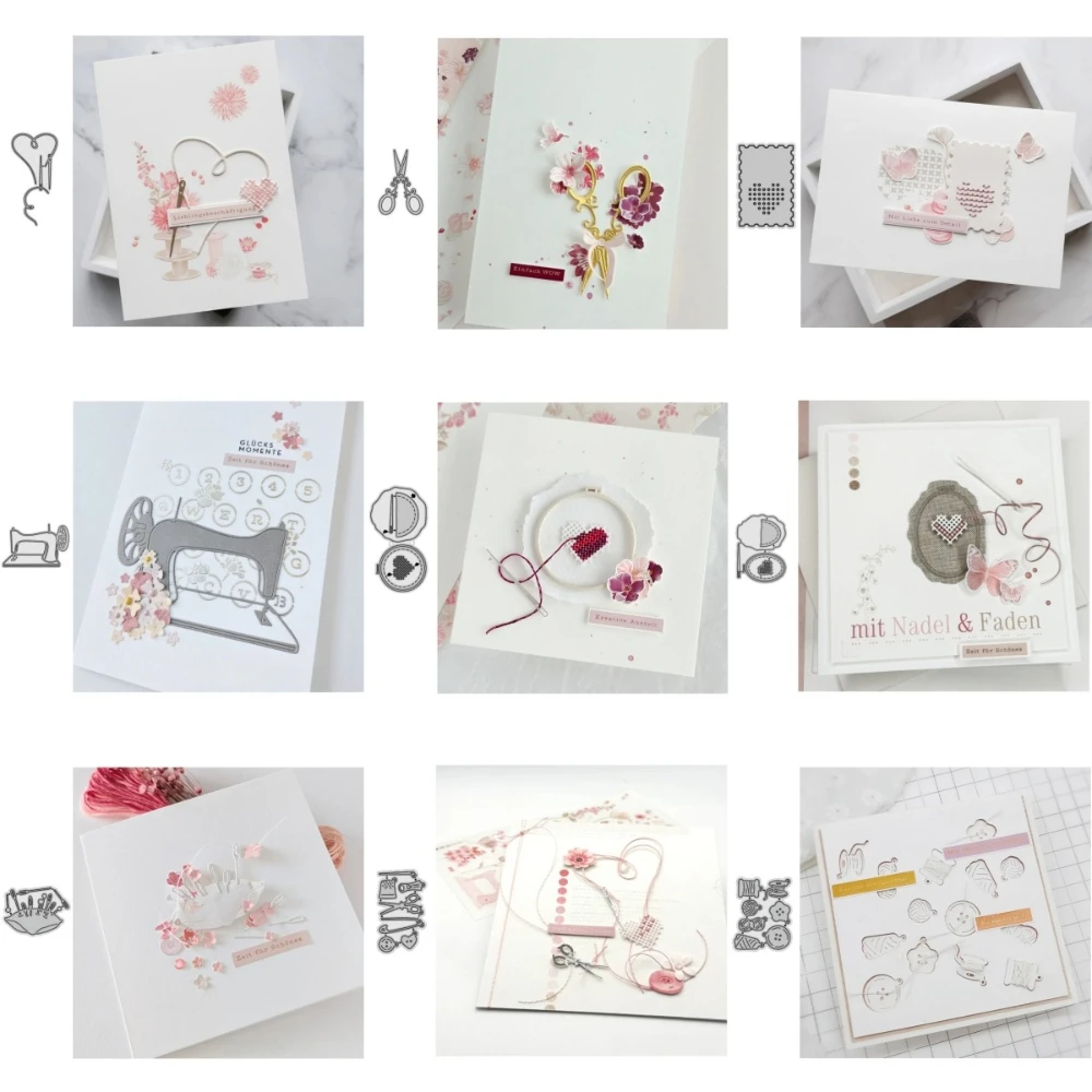 Näh- und Stickereiwerkzeuge: Thematische Metall-Stanzformen, Vintage-Nadelarbeitsmotive für Ephemera-Herstellung, Etikettenverzierung und Scrapbooking