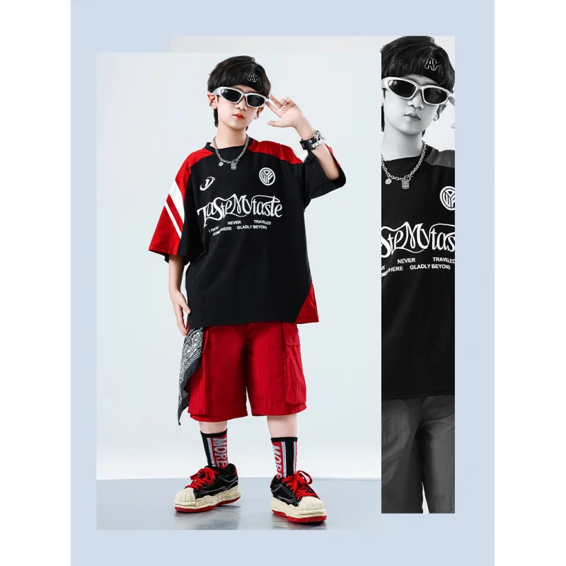 زي أداء رقص الهيب هوب للأطفال في الشارع، تي شيرت بأكمام قصيرة للأولاد، بدلة شورت أحمر للفتيات، عرض أزياء وسيم