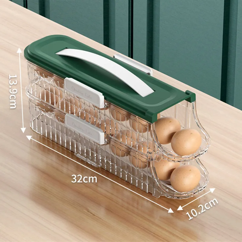 Gaveta Tipo Frigorífico Egg Storage Box, Rolagem automática, Organizador de cozinha, Organizador doméstico, Recipientes herméticos, Comida