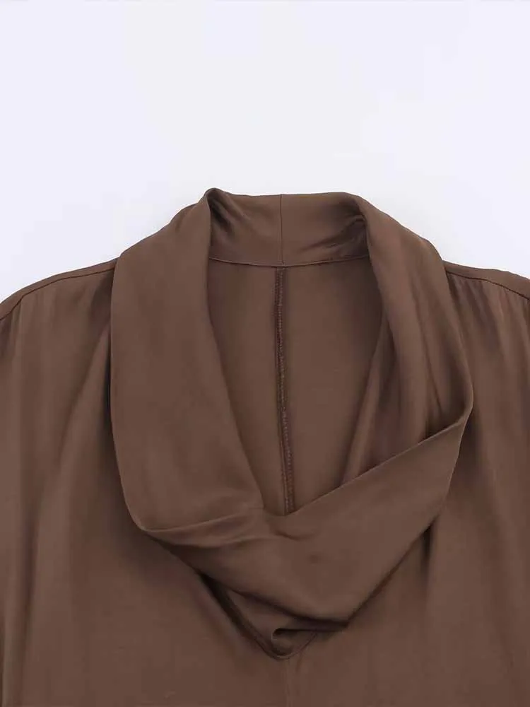 유럽 및 미국 스타일 가을 신상품 패셔너블 여성 반팔 미디 드레스 벨트 및 드레이프 넥 포함