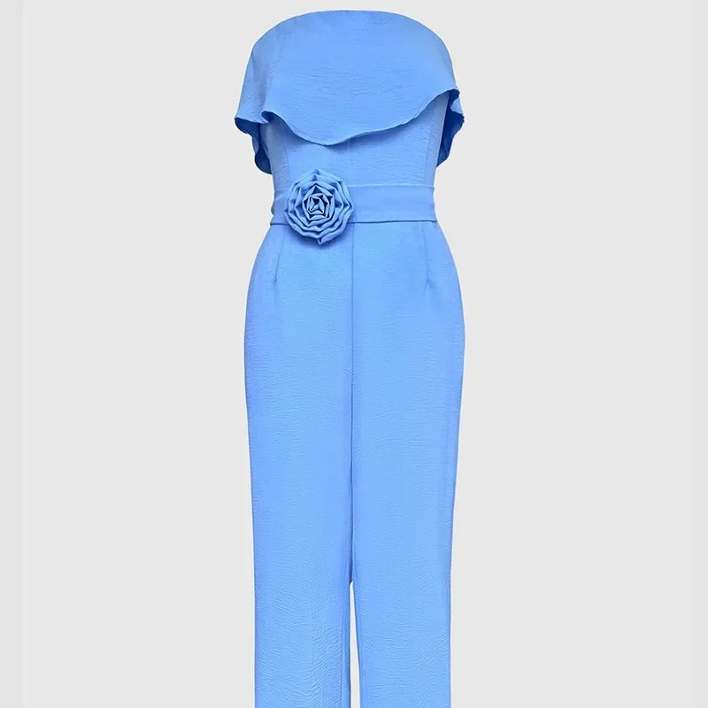 

High Waist Solid Color Summer Women Overall Pants Jumpsuit Bandeau Sleeveless Tied Detail Ruffles Romper