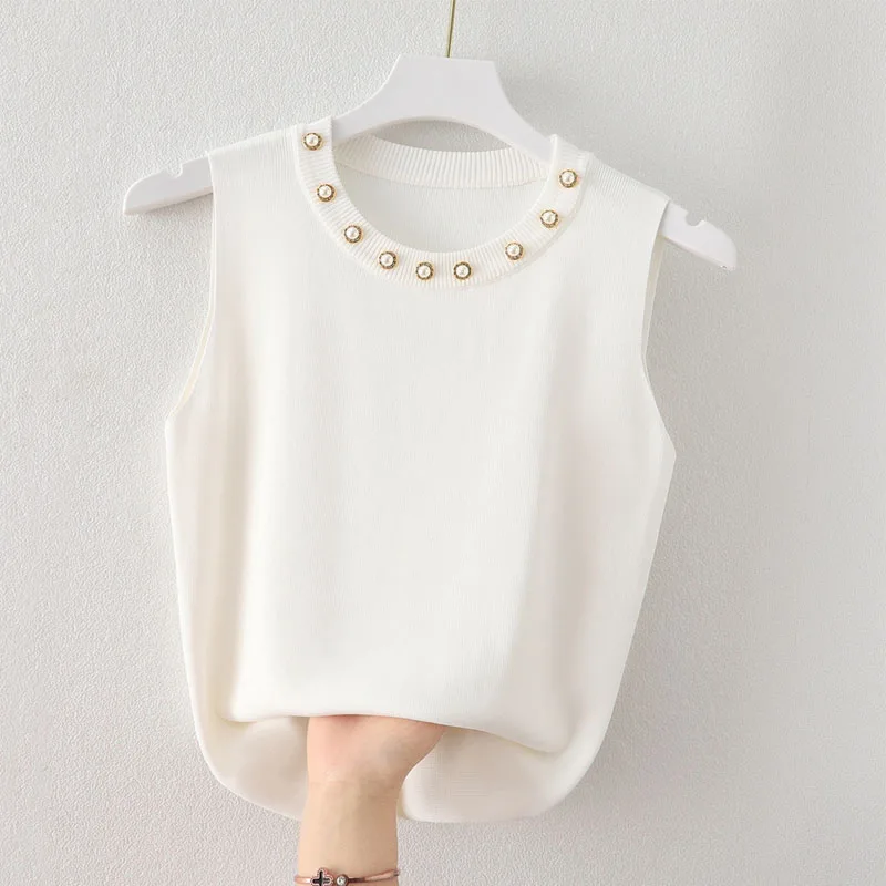 

Женский белый вязаный свитер с круглым вырезом, модный пуловер без рукавов, женские топы, трикотажные изделия Q3399