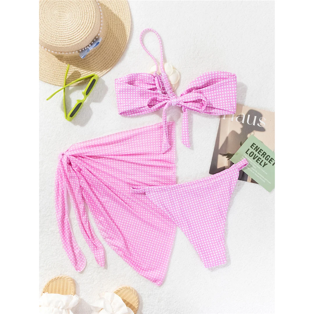 Sexy 3D-Blumenmuster mit Karomuster und Sarong-Bikini, Damen-Badebekleidung, dreiteiliges Bikini-Set, Badeanzug, Badebekleidung, Schwimmbekleidung V6224 – Detail 13