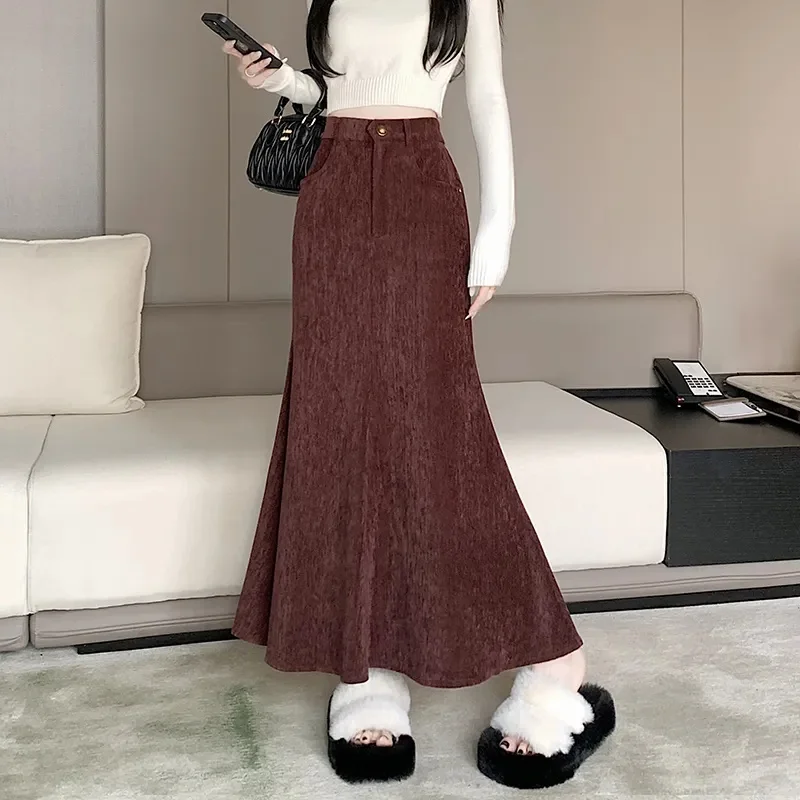 Jesienna damska spódnica maxi z efektem rybiego ogona w dużym rozmiarze 5XL, moda damska 2025, patchworkowe długie spódnice, koreańska moda damska, spódnica codzienna z wysokim stanem.