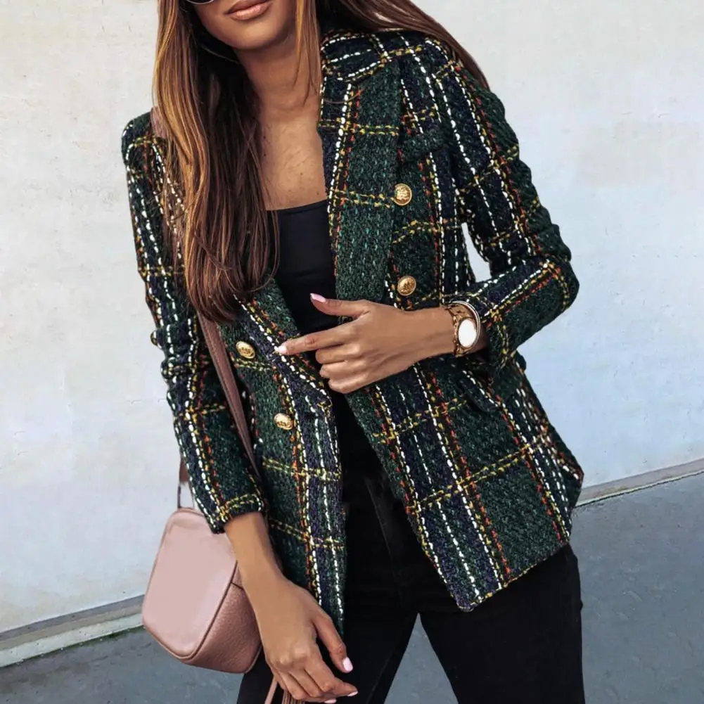 Women Blazer Plaid Print Lapel Long Sleeves Autumn Blazer Thick Double-breasted Cardigan Formal Business Winter Coat For Female